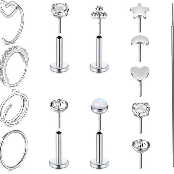 Nose Rings Set Stainless Steel 20g Hoops & Studs Hypoallergenic Jewelry - Picture 1 of 7